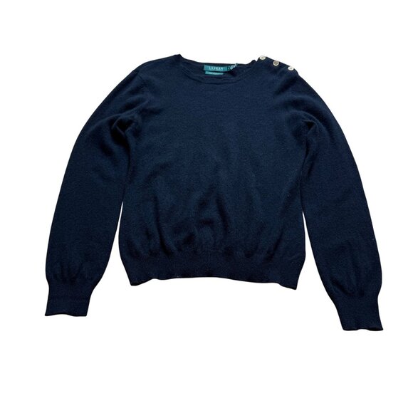 100% Cashmere Lauren Ralph Lauren Size L Black Knit Pullover Crew Neck Sweater - Picture 1 of 16